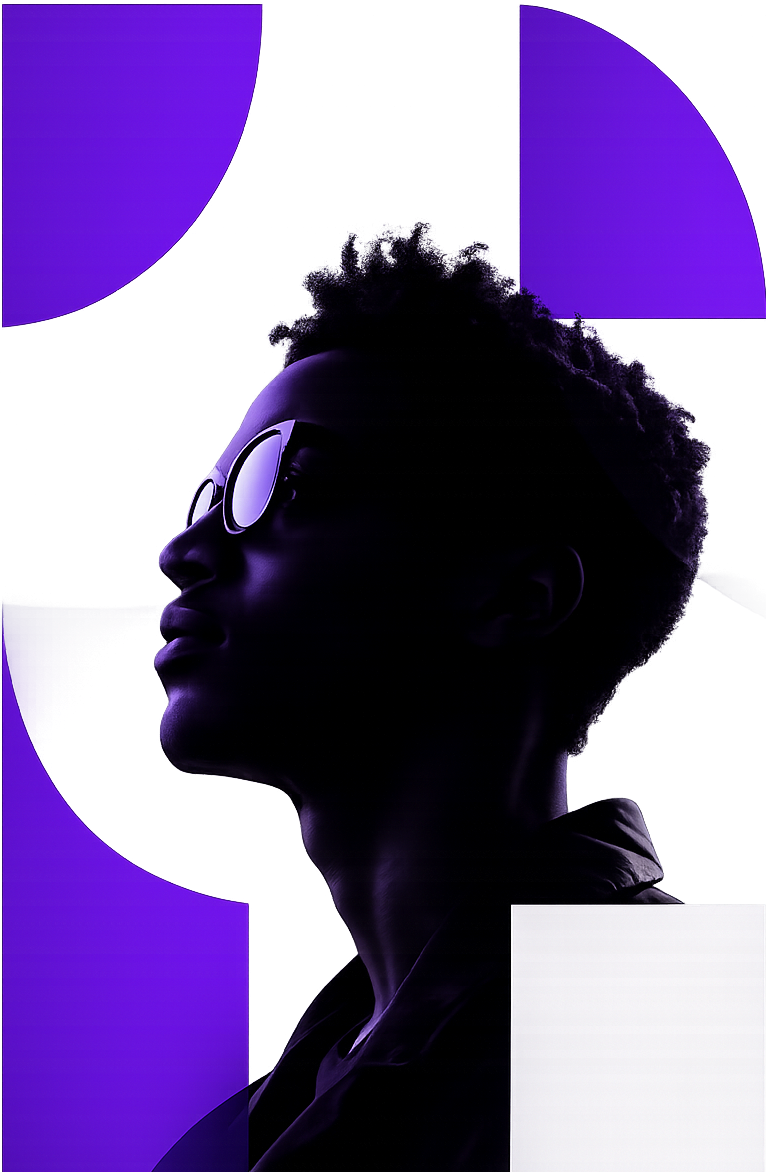 Creative professional portrait with geometric purple shapes